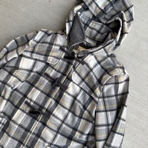 Old Navy Duffle Coat Womens Large Tall Gray Plaid Wool Blend Hooded Jacket